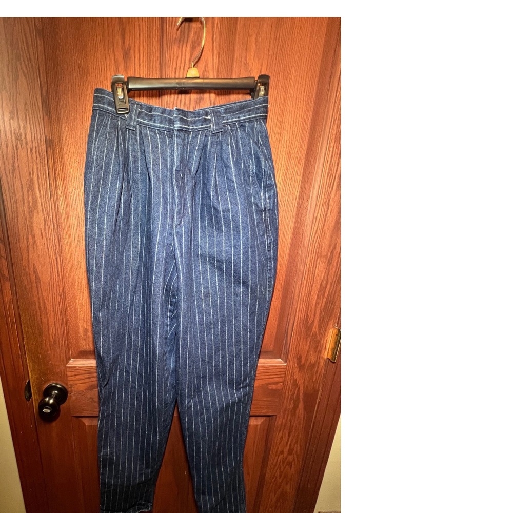 Vintage Lord Isaacs Pinstripe Denim Pants High Waisted Pleated Tapered Blue 26